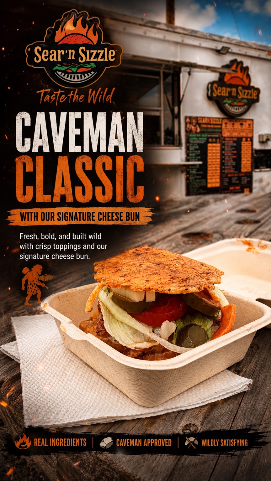 Caveman Classic promotional poster using a real Sear N Sizzle food photo
