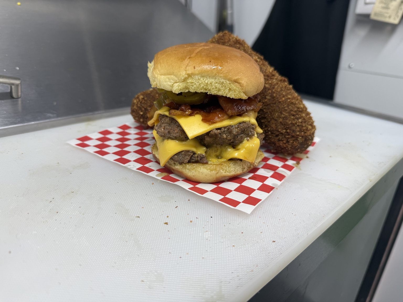 Double beef burger with cave sticks